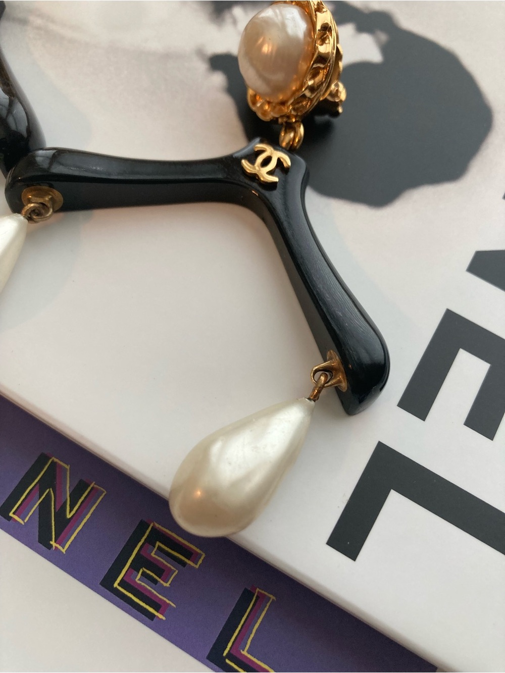 CHANEL Black Hanger Earrings with Gold & Pearl Drops - Picture 10 of 16